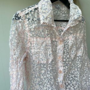 Erin London sheer burn through button up